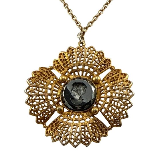 Vintage Gold Filigree Cameo Pendant Necklace Black Glass Intaglio Victorian Revi - Picture 10 of 14